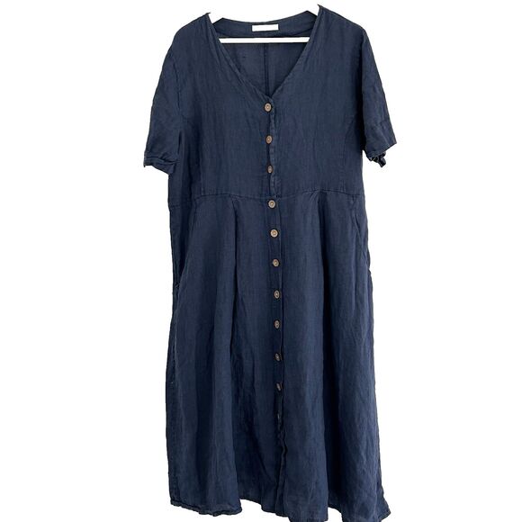 WoolOvers Midi Dress Size 14 Button Through Linen Navy Blue Pockets Cottagecore - Picture 1 of 7